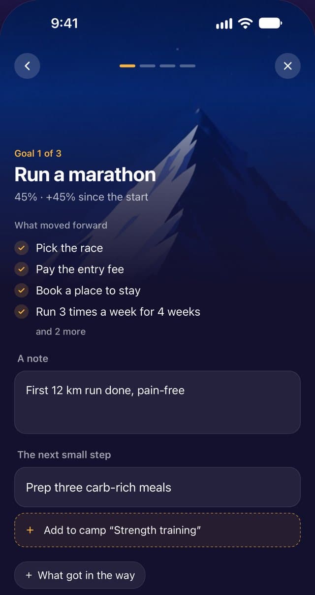 Weekly review: completed steps, a note and the next small step.