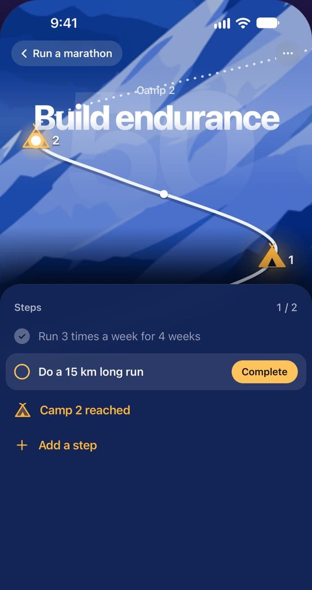 Camp screen: zoomed trail, the step “Do a 15 km long run” ready to complete.