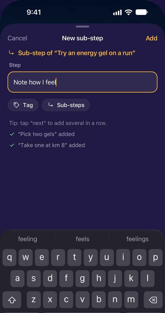 Adding a sub-step under “Try an energy gel on a run”.