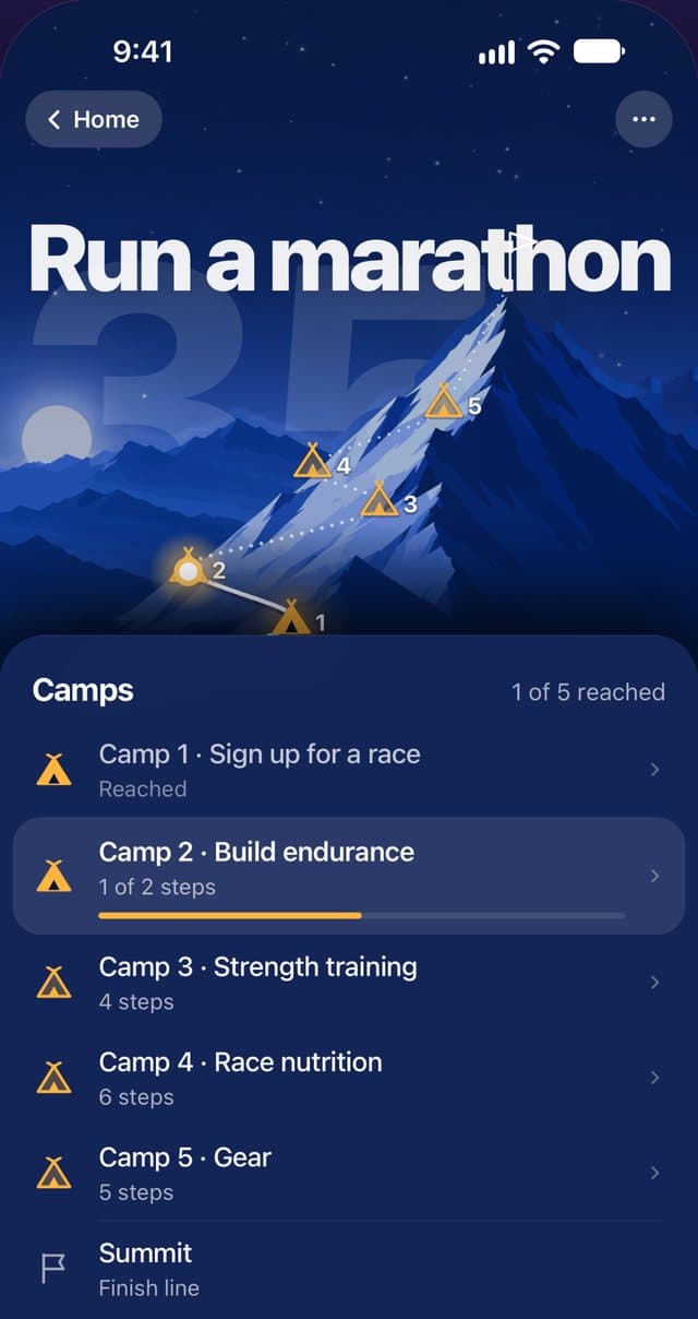 Goal screen: five camps on the mountain.