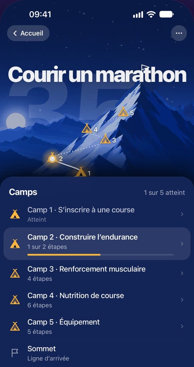 Écran Objectif : cinq camps sur la montagne.
